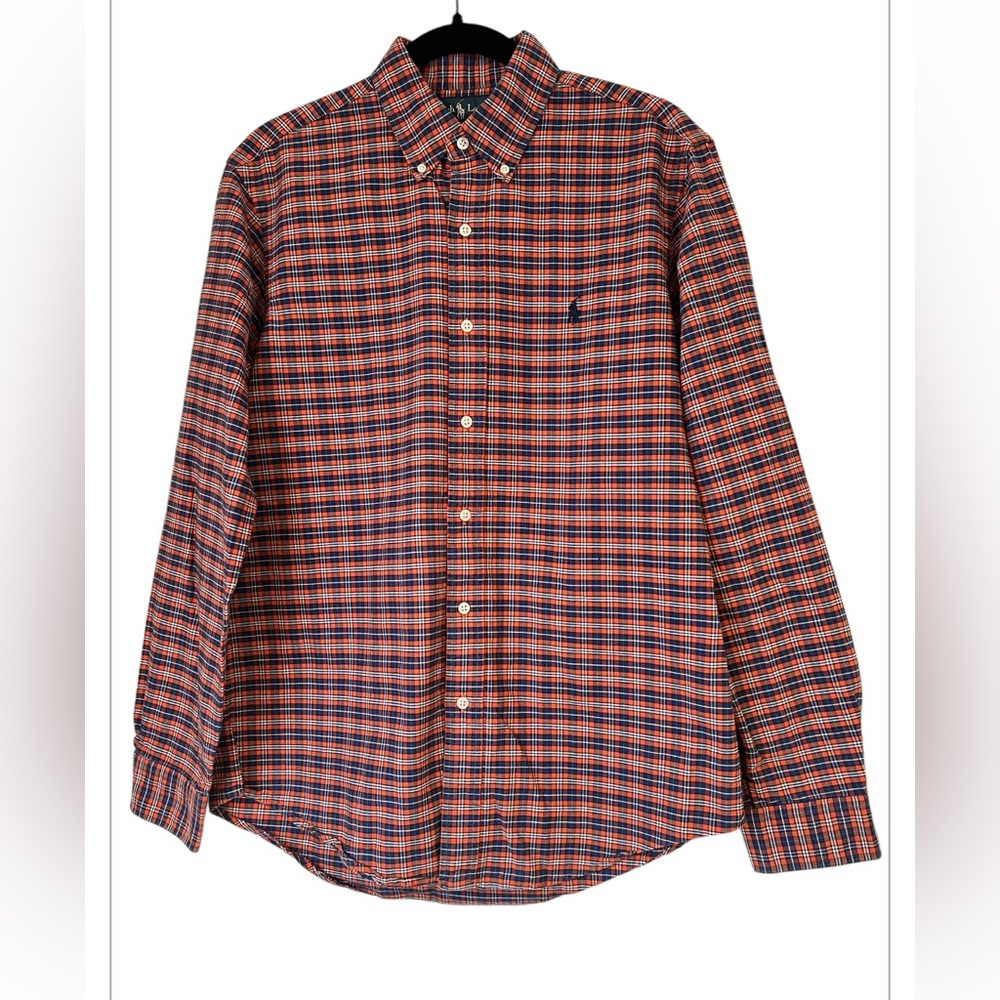 Ralph Lauren Men's Medium Orange Blue Plaid Button Down Cotton Custom Fit  Shirt